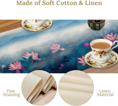 Chinoiserie Vintage Table Runner, Asian Landscape Mountain Fall Seasonal House Wash Lotus Trees Kitchen Dining Table Decoration for Home Party Decor 13x120 Inch