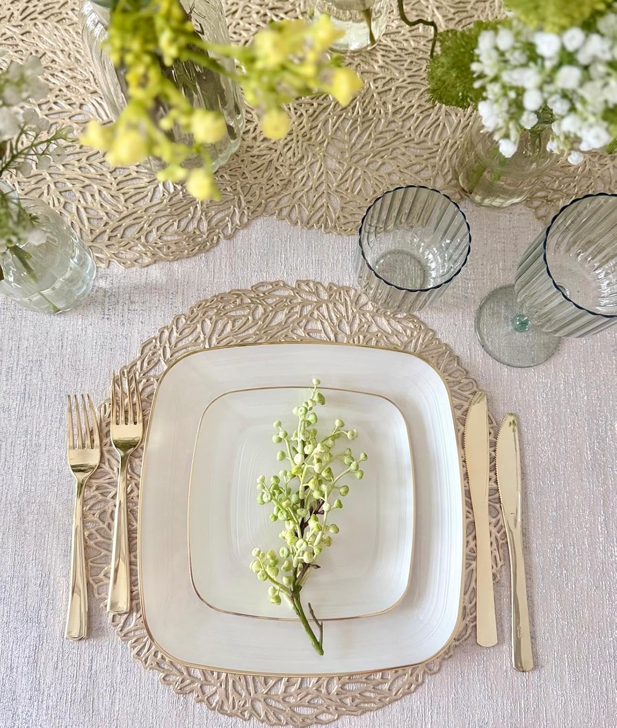 " OCCASIONS " 120 Pieces Pack,(60 Guests) Premium Wedding Party Disposable Plastic Plates Set -60 x 10'' Dinner + 60 x 7'' Salad/Dessert (Belize Square in Ivory & Gold)