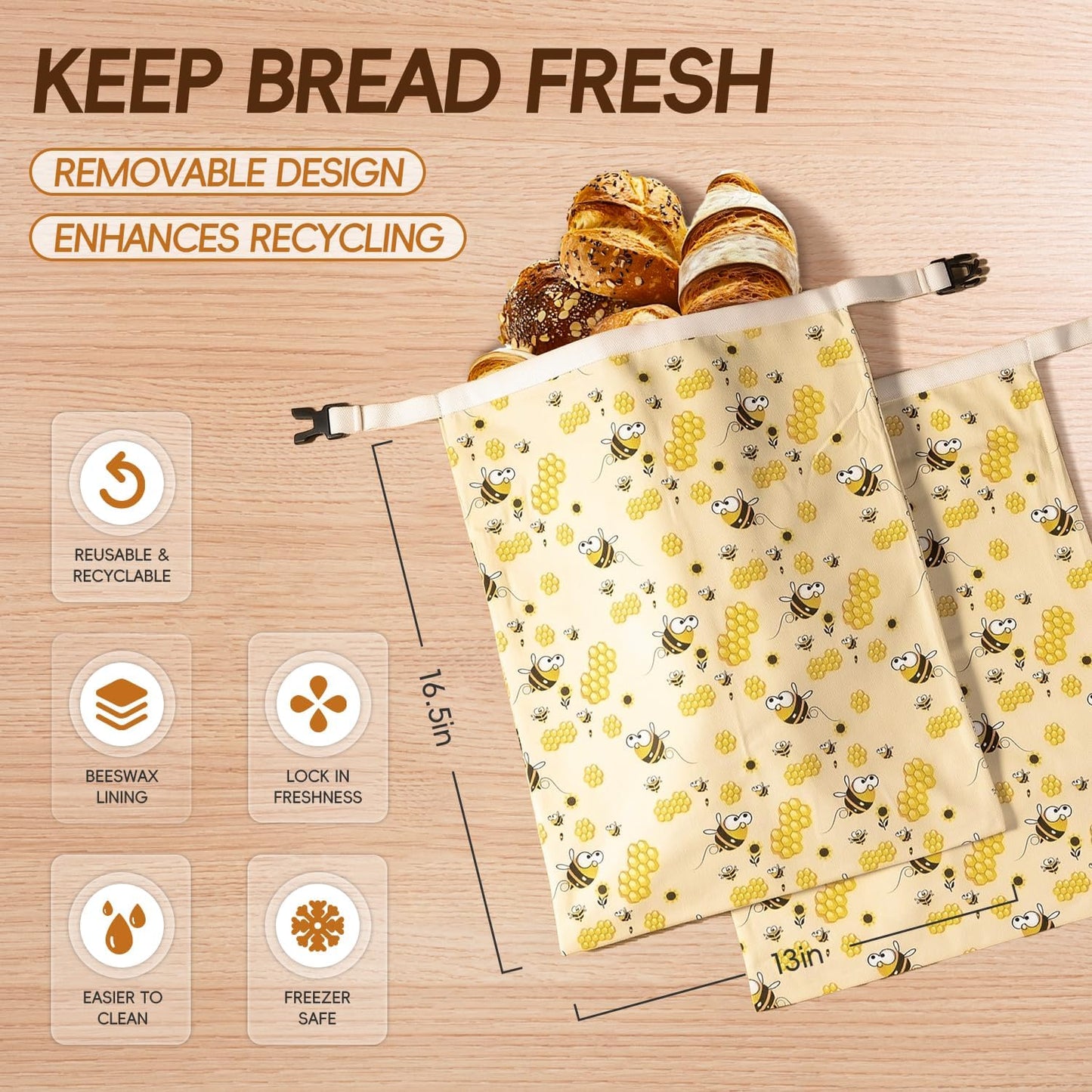 Beeswax Bread Bags for Homemade Bread (2 Pack), Sourdough Bread Bag with Removable Beeswax Lining for Keeping Fresh, Reusable Food Storage Bag