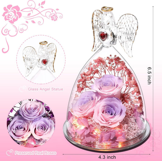 Mothers Day Rose Gifts for Women, Large Angel Figurines with Real Roses, Preserved Real Flower Rose for Her, PinkPurPink