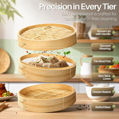 Flexzion Bamboo Steamer Basket Set (8 inch), 50 x Steamer Liners and 2 Pairs of Chopsticks, Steam Baskets for DimSum Dumplings, Rice, Vegetables, Fish and Meat