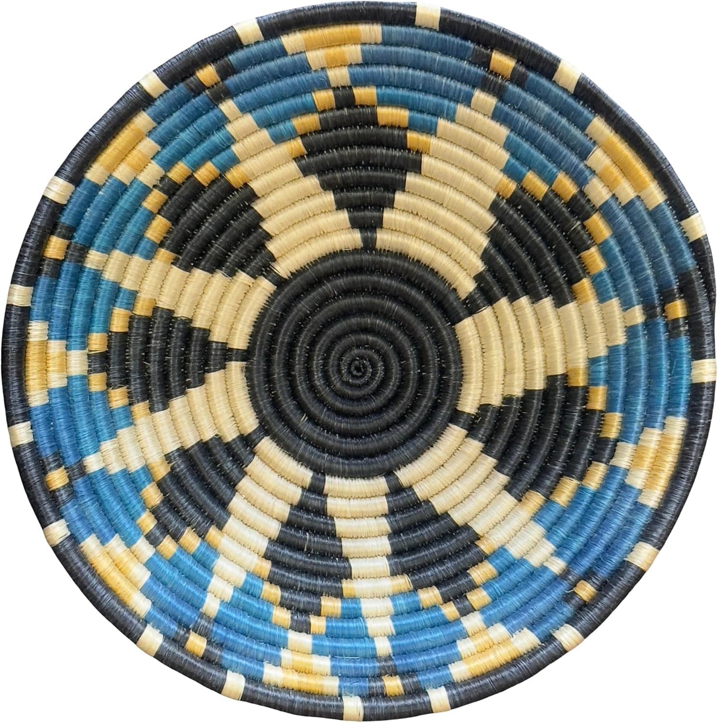 Handwoven African Basket Handmade sisal Fruit Bowl Wall Hanging decorative Baskets for Home Living Room Kitchen Centerpiece Zen Designs Arts and Crafts (Blue Black, 12in diameter)