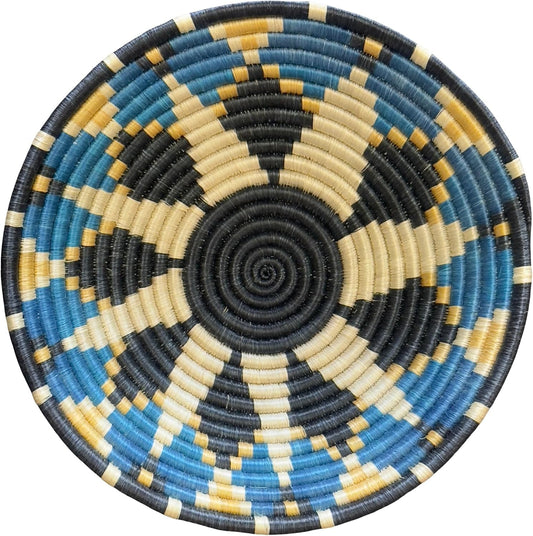 Handwoven African Basket Handmade sisal Fruit Bowl Wall Hanging decorative Baskets for Home Living Room Kitchen Centerpiece Zen Designs Arts and Crafts (Blue Black, 8in diameter)