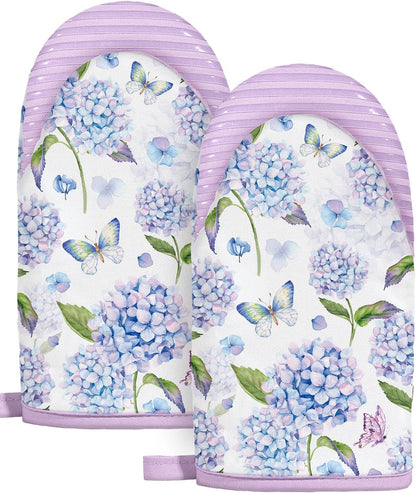 Slohif Butterfly Mini Oven Mitts Set – Purple Flower Extended Short Heat Resistant Kitchen Gloves for Women, 100% Cotton Oven Mitts with Silicone Grips, Non-Slip and Thick Durable for Cooking & Baking