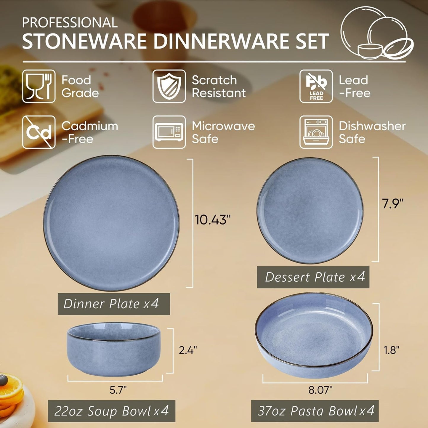 Herogo Stoneware Dinnerware Sets with Salad Bowls, Dinner Plates and Bowls Sets for 4, 16 Piece Dishware Place Setting for Kitchen, Chip & Scratch Resistant Dishware, Haze Blue