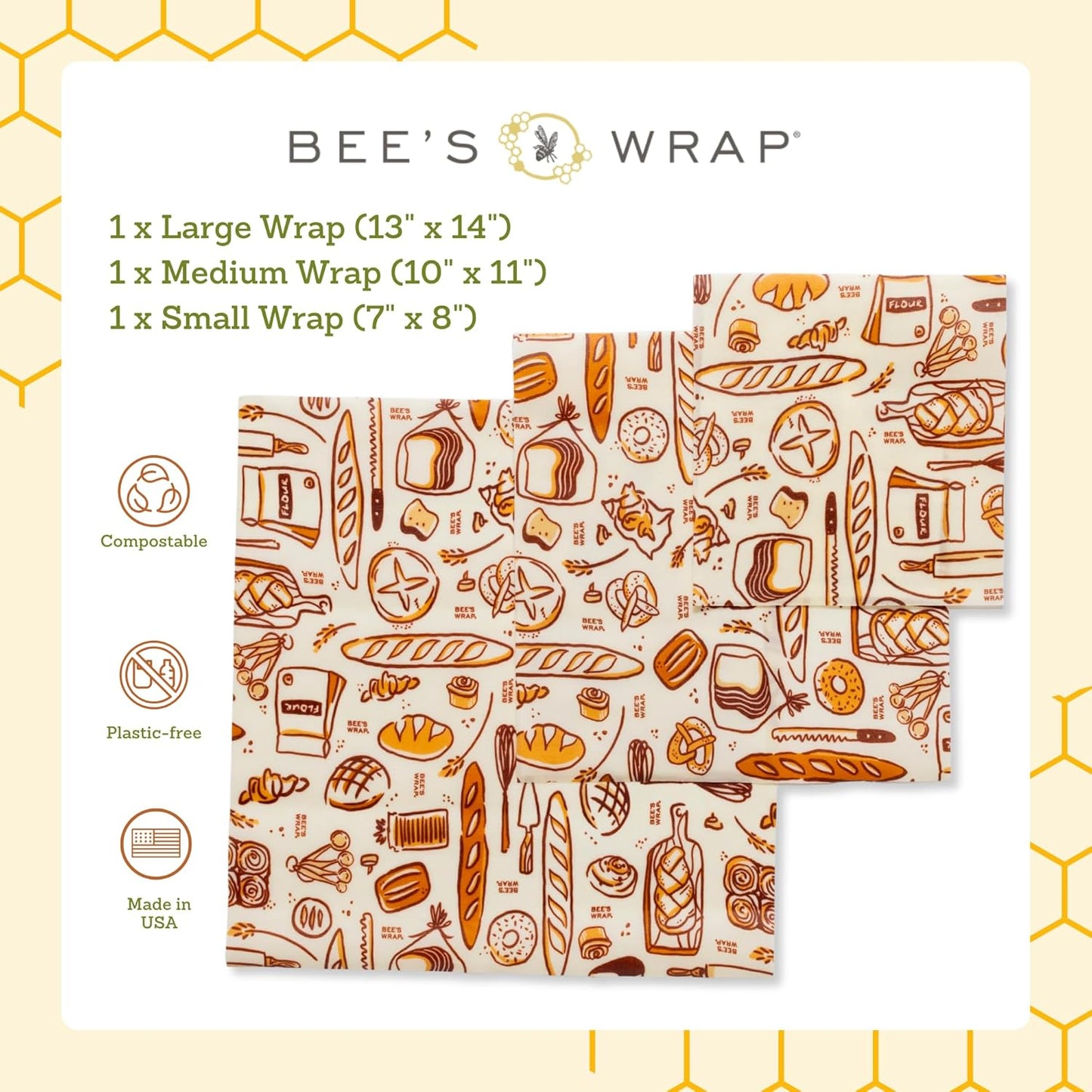 Bee's Wrap Beeswax Wraps for Food - Made in USA Reusable & Organic Food Wraps, Sandwich Wrap & Bowl Covers - Eco-Friendly Alternative to Aluminum Foil & Plastic Wrap, Bakery Lane 3 Pack (S, M, L)