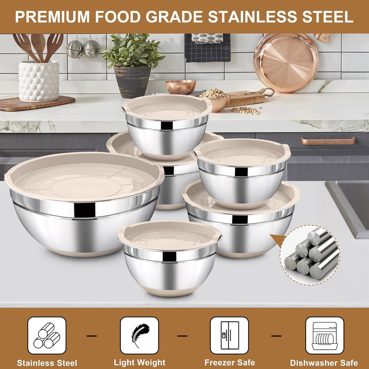 LIANYU 6 Piece Mixing Bowls Set with Airtight Lids, Size 7, 3.5, 2.5, 2, 1.5, 1QT, Stainless Steel Nesting Metal Bowls for Kitchen Baking Cooking Serving Food Storage, Non-slip Bottom, Khaki