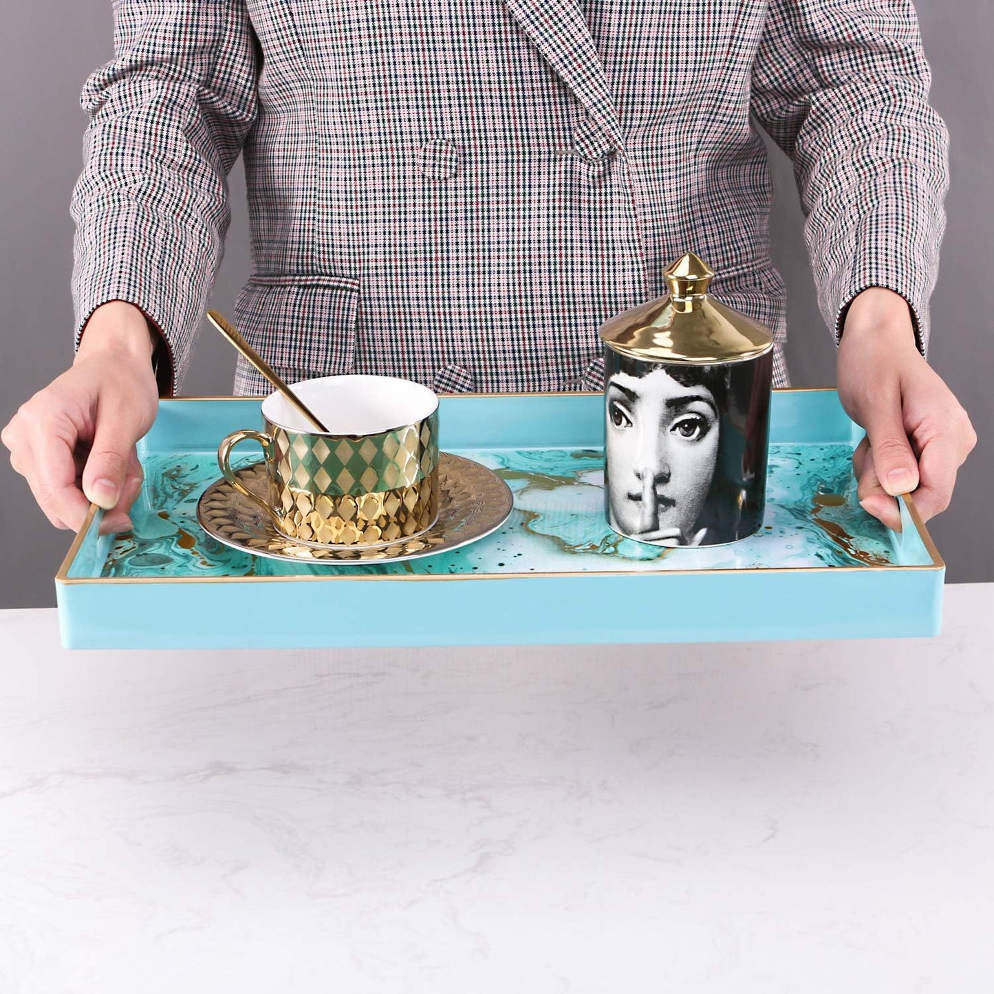 Zosenley Decorative Tray, Marbling Plastic Tray with Handles, Rectangular Vanity Tray and Serving Tray for Bathroom, Kitchen, Ottoman and Coffee Table, 15.6" x 10.2" (Golden Blue)