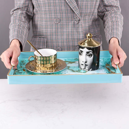 Zosenley Decorative Tray, Marbling Plastic Tray with Handles, Rectangular Vanity Tray and Serving Tray for Bathroom, Kitchen, Ottoman and Coffee Table, 15.6" x 10.2" (Golden Blue)