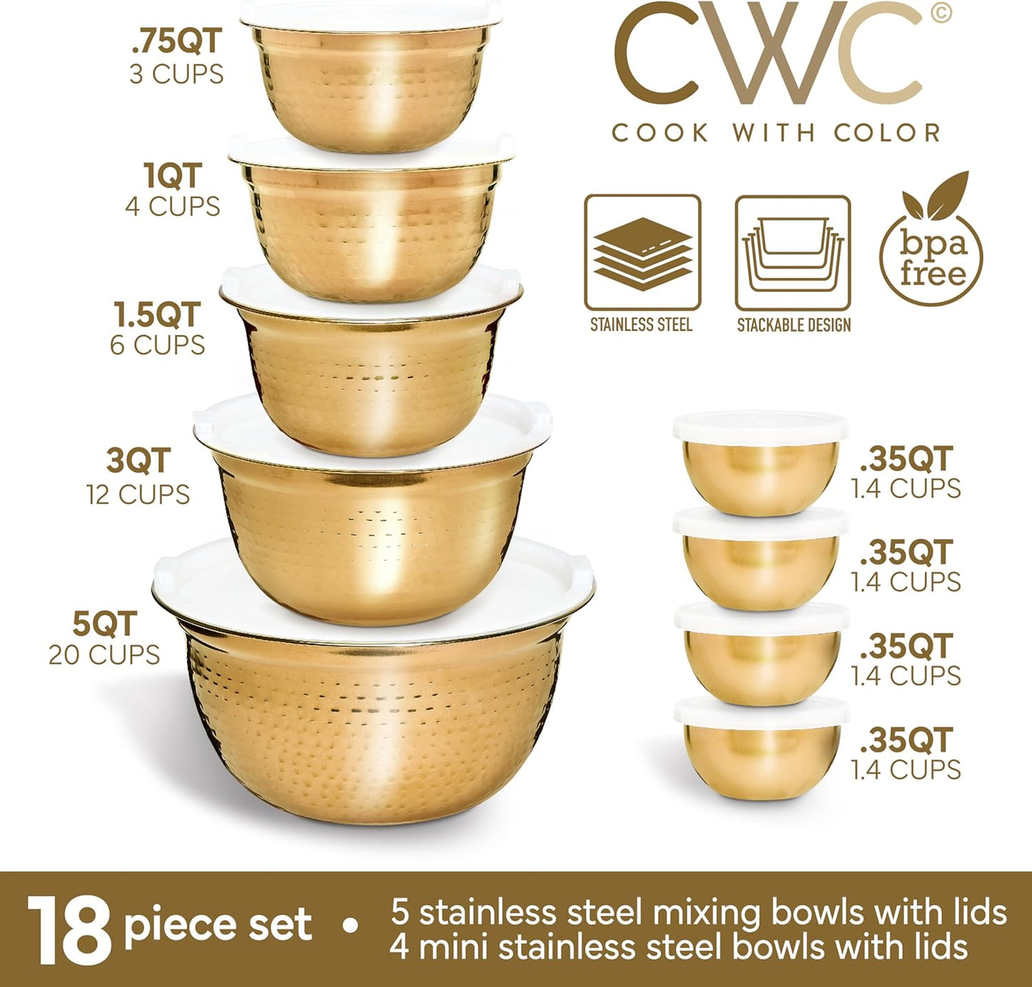 COOK WITH COLOR 18 Piece Mixing Bowls Set with Airtight Lids, Handcrafted Stainless Steel Bowls, Food Storage Containers, Meal Prep, Nesting Salad Bowls For Cooking, Baking, Kitchen, Gold- Hammered
