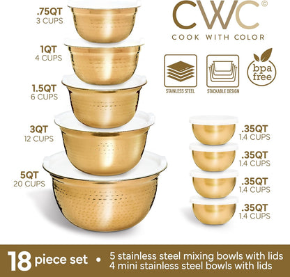 COOK WITH COLOR 18 Piece Mixing Bowls Set with Airtight Lids, Handcrafted Stainless Steel Bowls, Food Storage Containers, Meal Prep, Nesting Salad Bowls For Cooking, Baking, Kitchen, Gold- Hammered