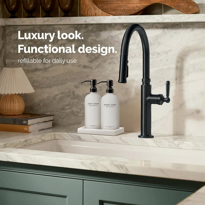 Vine Creations Glass Soap Dispenser Set, Kitchen Soap Dispenser Set with Ceramic Tray, 16 oz Dish Soap and Hand Soap Dispenser Set with Stainless Steel Pump Decor (White Bottle/Matte Black)