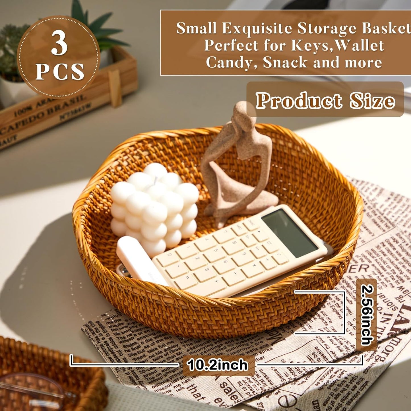 1.3 Pcs 10.2" Rattan Bread Baskets Wicker Fruit Food Storage Bowls Round Scalloped Natural Woven Decorative Serving Basket Tray for Kitchen Entryway Tabletop Counter Organizing