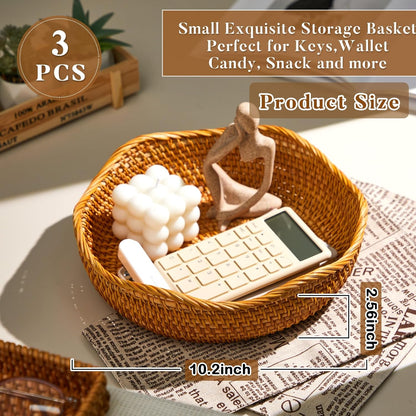 1.3 Pcs 10.2" Rattan Bread Baskets Wicker Fruit Food Storage Bowls Round Scalloped Natural Woven Decorative Serving Basket Tray for Kitchen Entryway Tabletop Counter Organizing