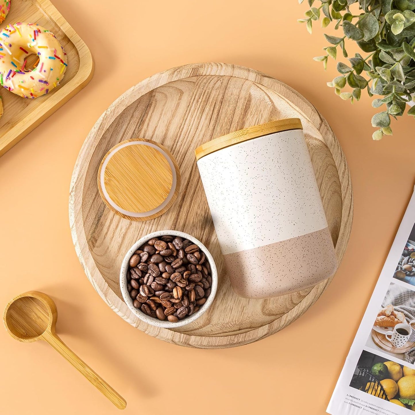 Yangbaga Canister Sets for Kitchen Counter, 80/40/20 OZ Large Ceramic Food Storage Jars with Airtight Wood Lids, Large Kitchen Canisters for Coffee, Sugar, Tea, Flour, Spice