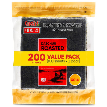 Daechun(Choi's1) Roasted Seaweed, GIM (100+100 Full Sheets), Value Pack, Resealable, Gold Grade, Product of Korea