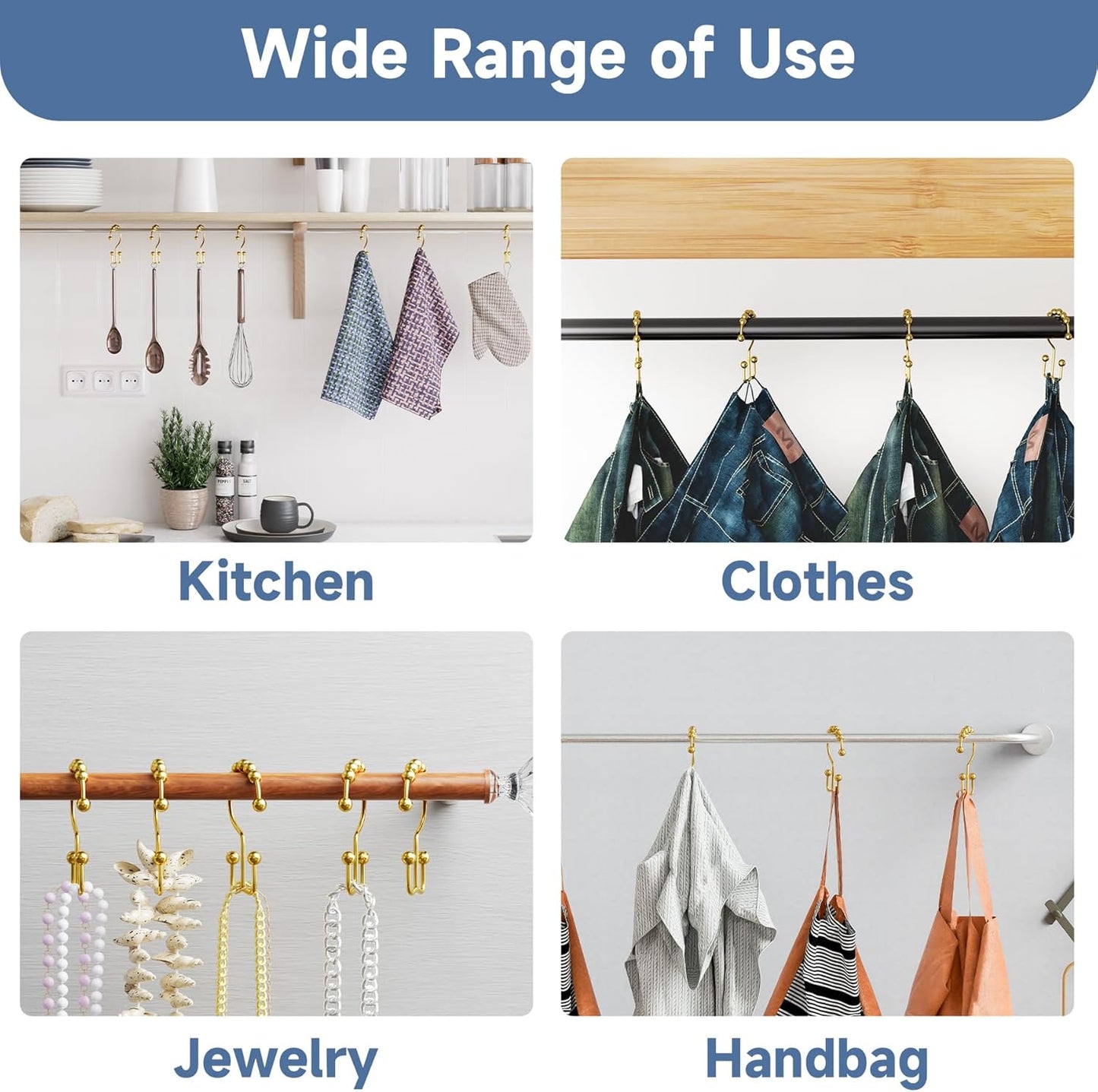 Titanker Shower Curtain Hooks Rings Gold, Metal Double Glide Shower Hooks Rings for Bathroom Shower Rods Curtains, Set of 12 Hooks - Dark Gold