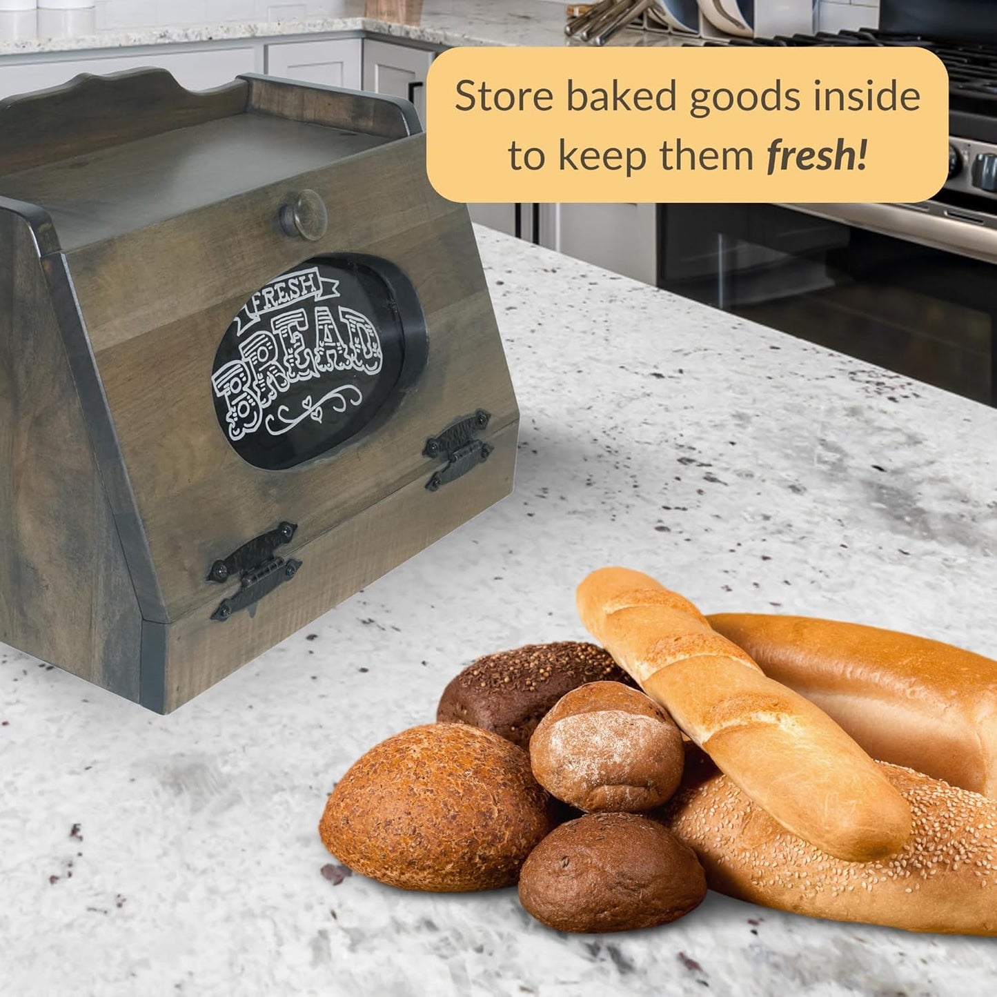 DutchCrafters Wooden Bread Box for Kitchen Countertop, Bread Storage for Homemade Bread Holder for Kitchen Counter - Amish Made in USA (Brown Maple with Antique Slate)