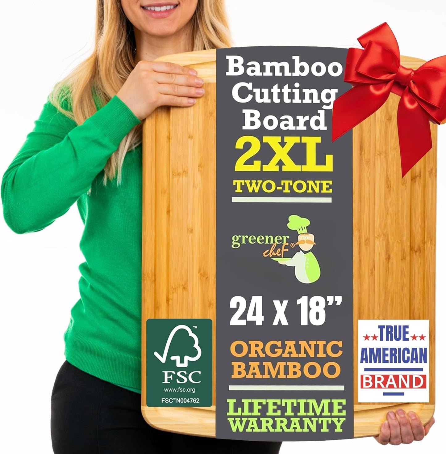 GREENER CHEF 24 Inch Bamboo Cutting Board with Lifetime Replacement - 2XL Extra Large Wooden Butcher Block for Kitchen, Stove Top, Meat, Vegetables, and Charcuterie with Deep Juice Grooves