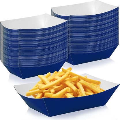 100 Pcs Blue Paper Food Tray Sturdy Disposable Food Boats Nacho Plates Disposable Serving Snack Trays for Catering, Party Birthday Supplies, and Food Service (Blue)