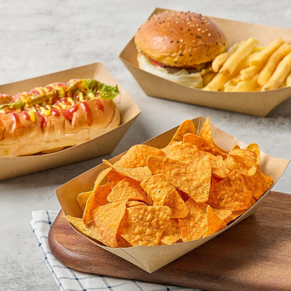Ocmoiy 4lb Large Paper Food Trays, 100 Pack Heavy Duty Kraft Food Boats Holders Disposable Serving Basket Trays for Nachos, Burgers, Fries, Tacos, Hot Dog, Sandwiches