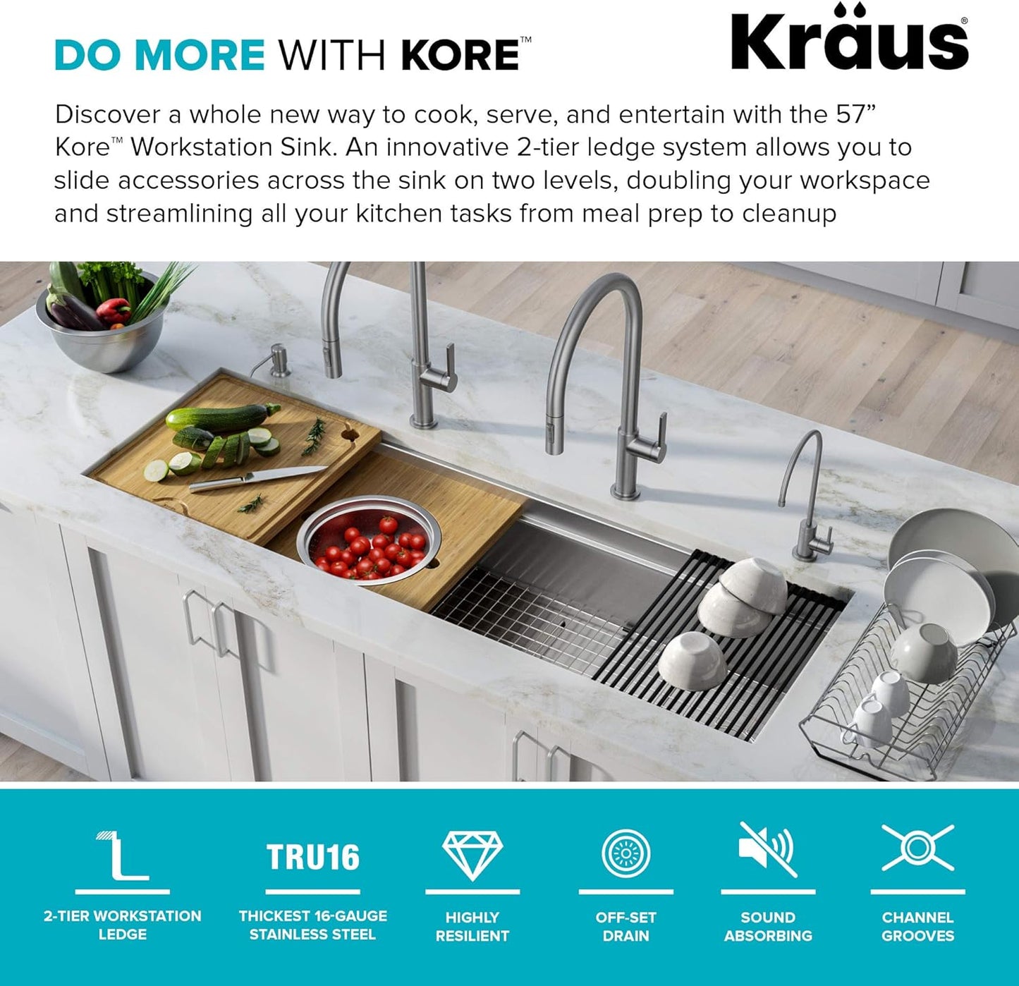 KRAUS Kore 57-inch Undermount Workstation 16 Gauge Single Bowl Stainless Steel Kitchen Sink with 10 Accessories, KWU210-57