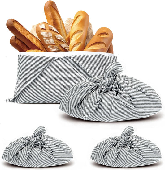 2 Pack Beeswax Bread Bags, Striped Linen Bento Bags, 14" Cotton Loaf Bag, Reusable Organic Food Storage, Sourdough Bag, Rustic Farmhouse Azuma Bukuro Origami Wrap for Baked Gifts (Navy Blue, 2)