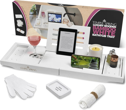 Temple Spring Wooden Bathtub Tray, Bamboo Bathroom Accessories, Bath Tray for Tub, at Home Spa Essentials, Board for Tub Table, Bath Caddy for Bathtub Accessories & Bathroom Essentials – White