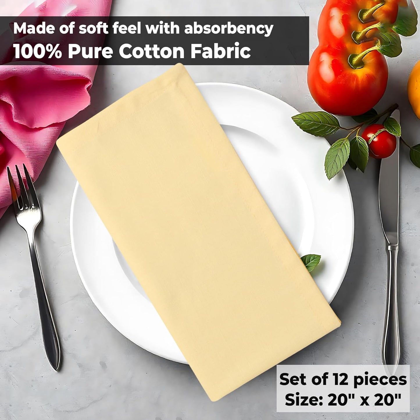 Urban Villa Cloth Napkins Set of 12 (20x20 Inches) 100% Cotton Napkins Cloth Washable Soft Durable Reusable Absorbent Table Dinner Napkins Cloth for Hotel Lunch Restaurant Weddings Parties – Yellow