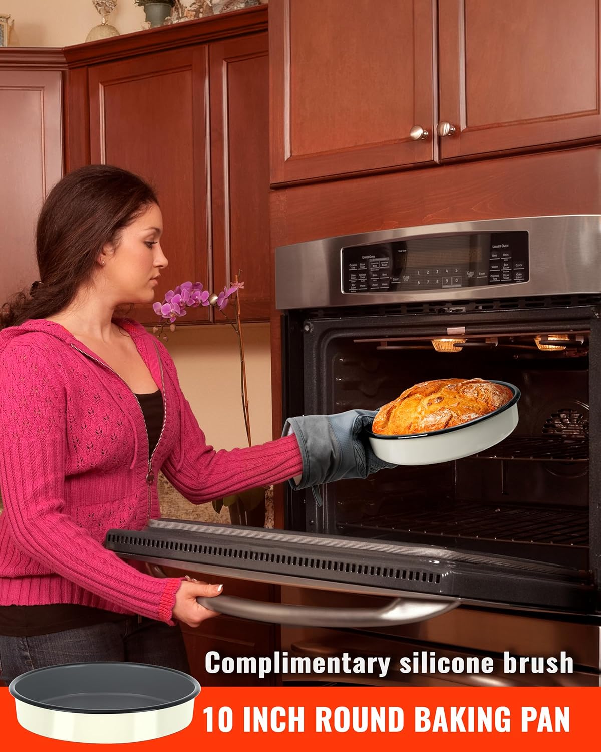 Round Baking Pan Roasting Dish 10 Inch Non-Stick Cookware for Cake Bread Pie Pizza Roast, Non-Toxic Enamel Carbon Steel Oven Dishwasher Safe Christmas Party Gift Bakeware