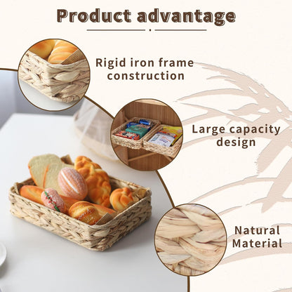 Water Hyacinth Woven Serving Tray Rectangular Hand-Woven Wicker Storage Trays for Coffee/Breakfast/Dessert/Fruit/Bread (Original Color - Small)