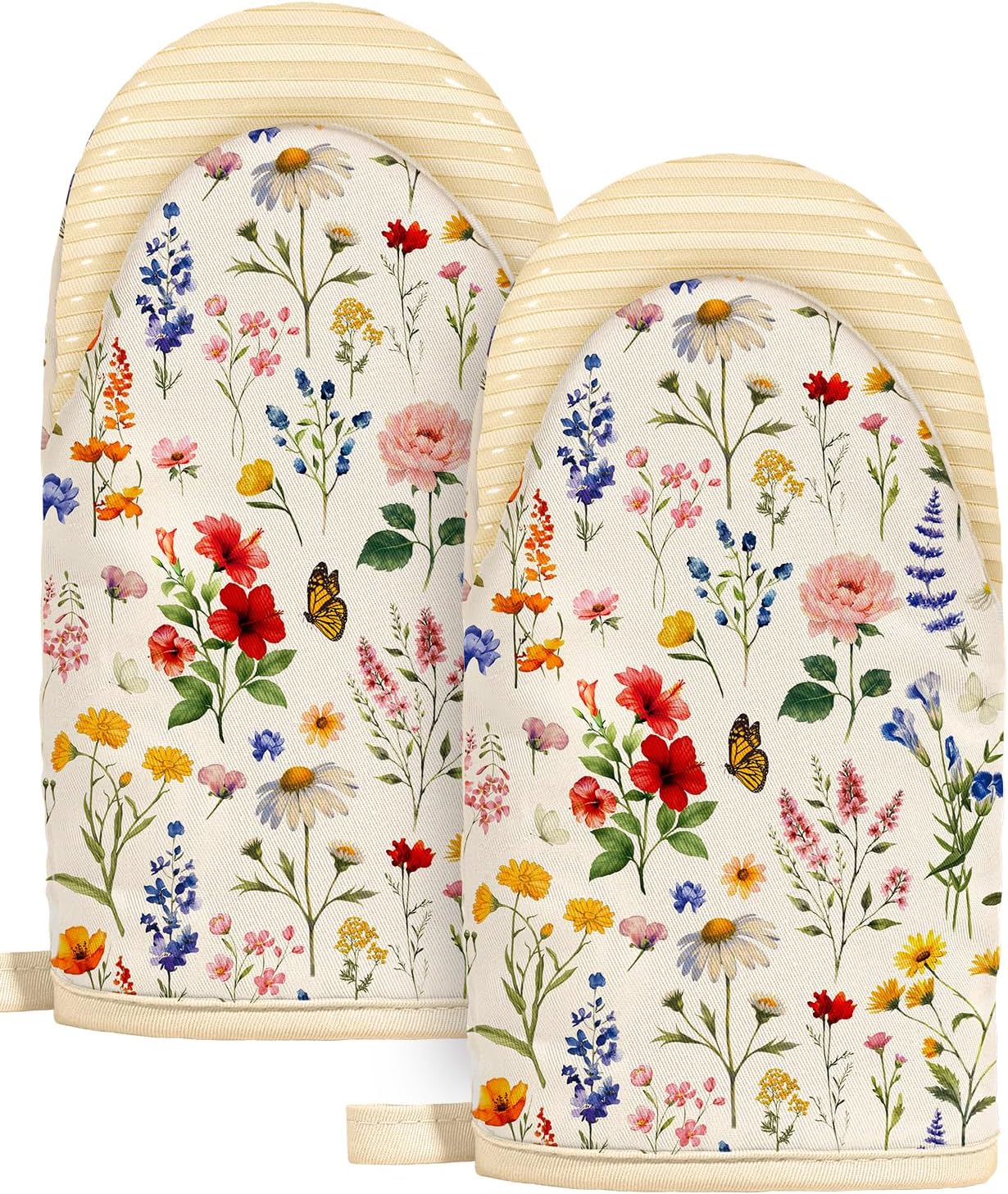 Slohif Vintage Floral Mini Oven Mitts Set – Beige Extended Short Heat Resistant Kitchen Gloves for Women, 100% Cotton Oven Mitts with Silicone Grips, Non-Slip and Thick Durable for Cooking & Baking