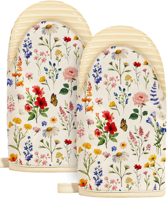 Slohif Vintage Floral Mini Oven Mitts Set – Beige Extended Short Heat Resistant Kitchen Gloves for Women, 100% Cotton Oven Mitts with Silicone Grips, Non-Slip and Thick Durable for Cooking & Baking