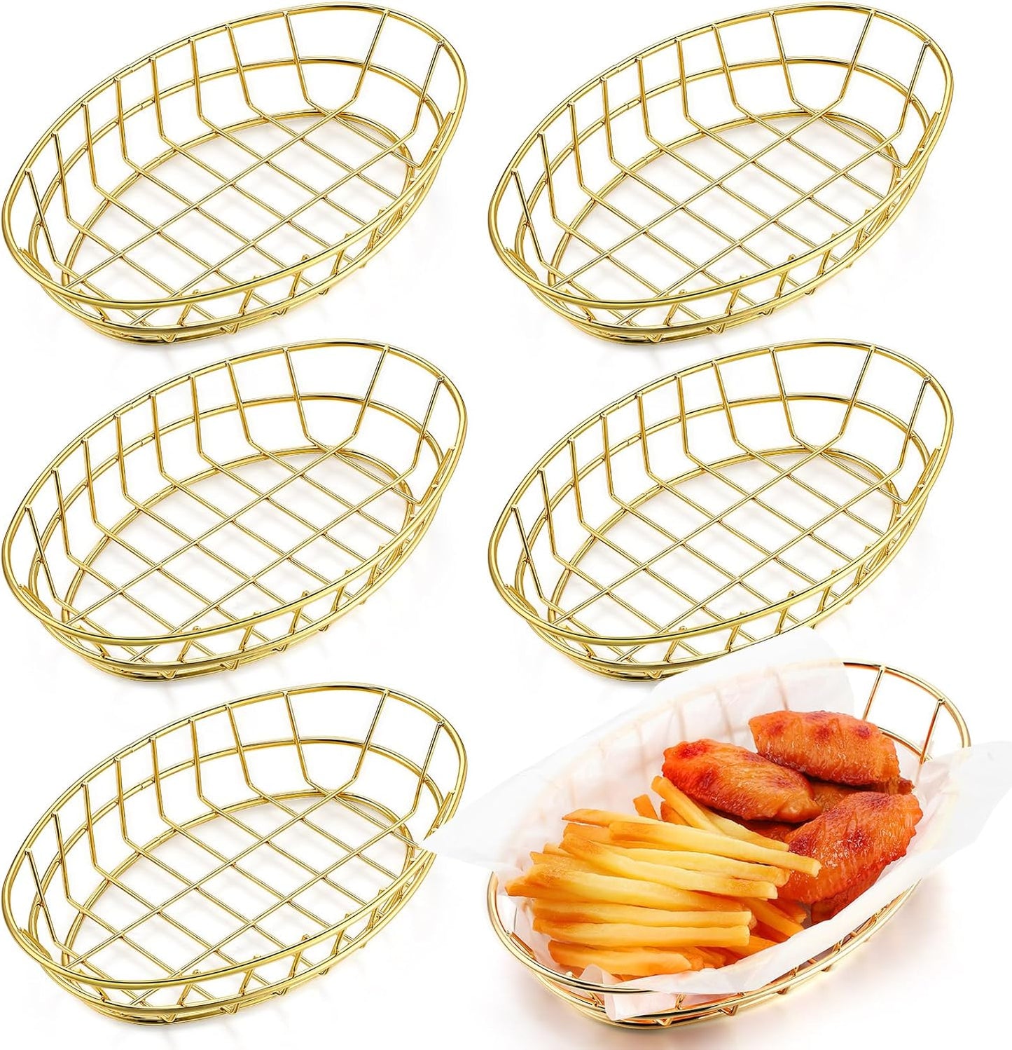 Tioncy 6 Pcs Chrome Oval Metal Wire Baskets 9.5 x 6.2 x 2.2 Inch Bread Serving Decorative Sandwich Container Christmas Party Fast Food Basket for Fruit Burger Kitchen Restaurant(Gold)