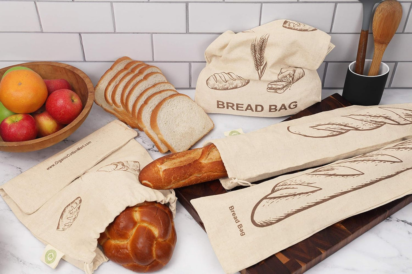 Reusable Linen Baguette Bread Bags - Set of 2 Washable Cloth Bread Bags with Drawstring Closure - Long Size - 29”x7”