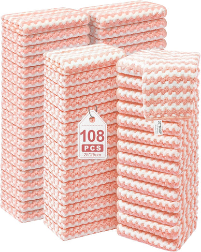 JOYMOOP 108 Packs Microfiber Cleaning Cloths, 10" x 10" Reusable Kitchen Towels, Lint-Free Cleaning Rags, Super Absorbent Cleaning Cloths for Kitchen, Car, and Household Cleaning, Pink