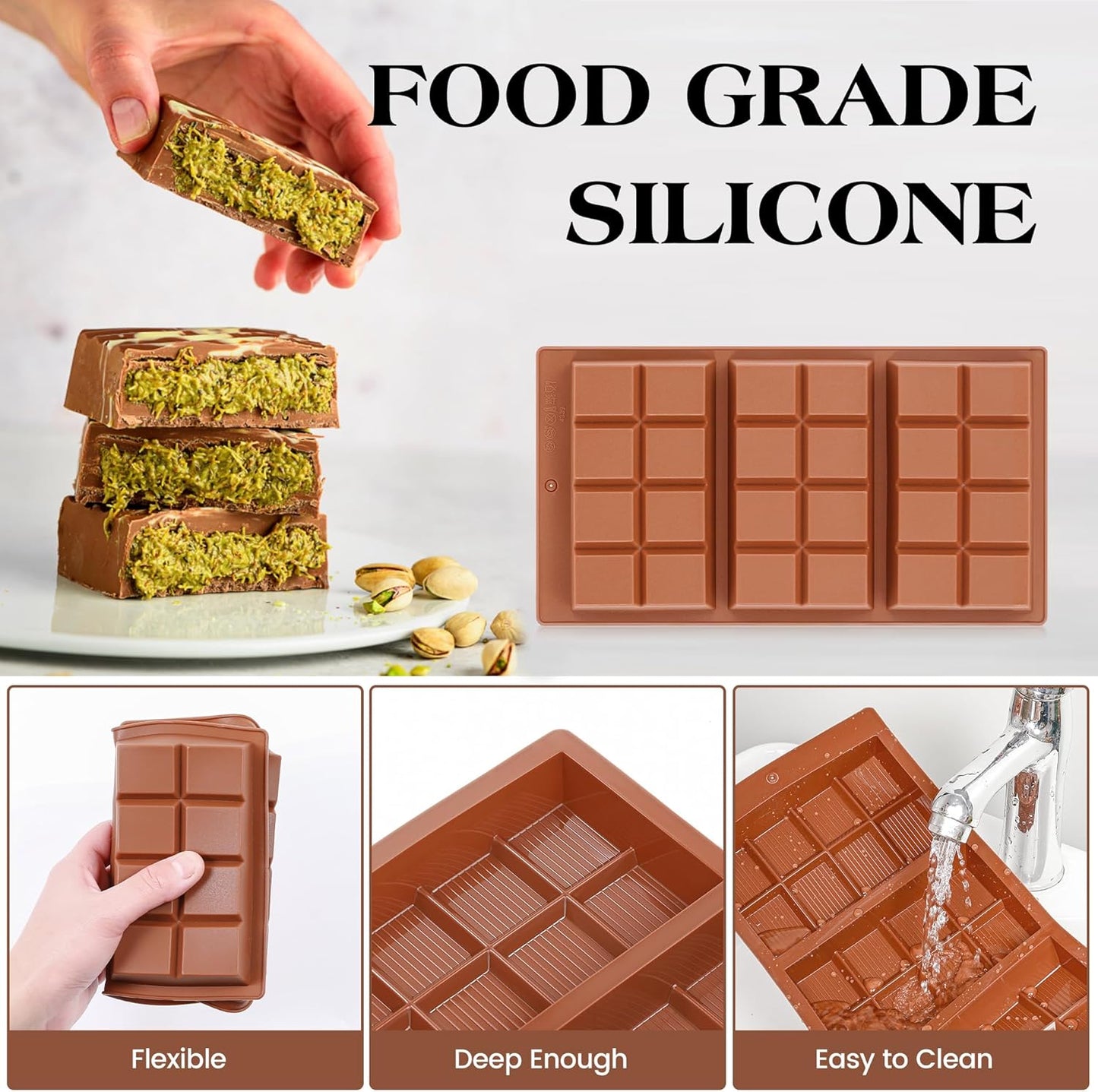 2 Pcs Chocolate Bar Mold Deep Dubai 0.85 Inch Stuffed Large Chocolate Molds Silicone Break Apart Thick Silicone Molds for Candy Bar (8 Snap）