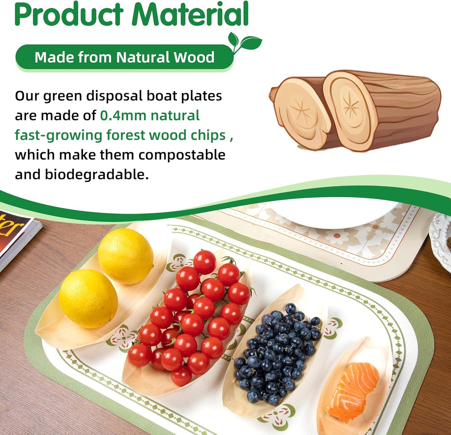 200-Pack Wooden Disposable Plates 6 IN Boat Plates Food Trays Disposable Dessert Plates Disposable Food Boats for Party Weddings Picnic (Actual Size Used: 3.39" D x 1.97" W x 0.63" H)
