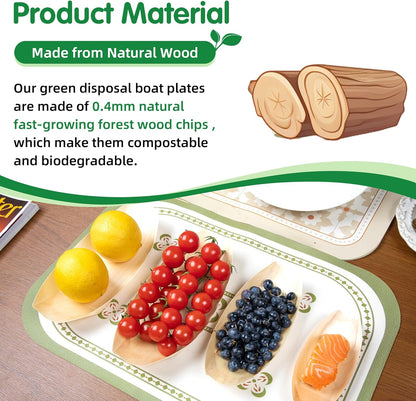 100-Pack Wooden Disposable Plates 7 IN Boat Plates Food Trays Disposable Dessert Plates Disposable Food Boats for Party Weddings Picnic (Actual Size Used: 3.94" D x 2.28" W x 0.79" H)