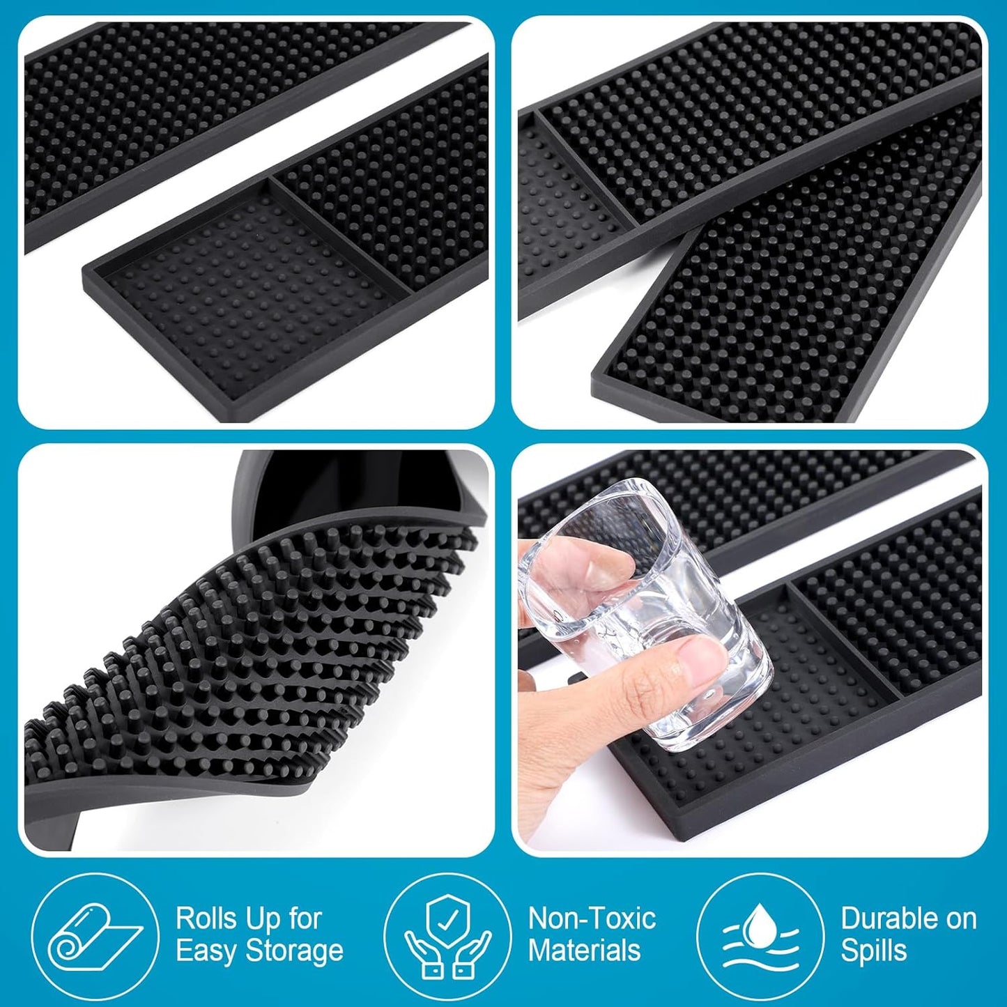 4 Pcs Thick Rubber Bar Mats for Bartending, Durable Non-Slip Spill Mat for Countertop, Home Kitchen, Coffee Bars, and Restaurants Accessories, Black(24" X 12"+24" X 3")