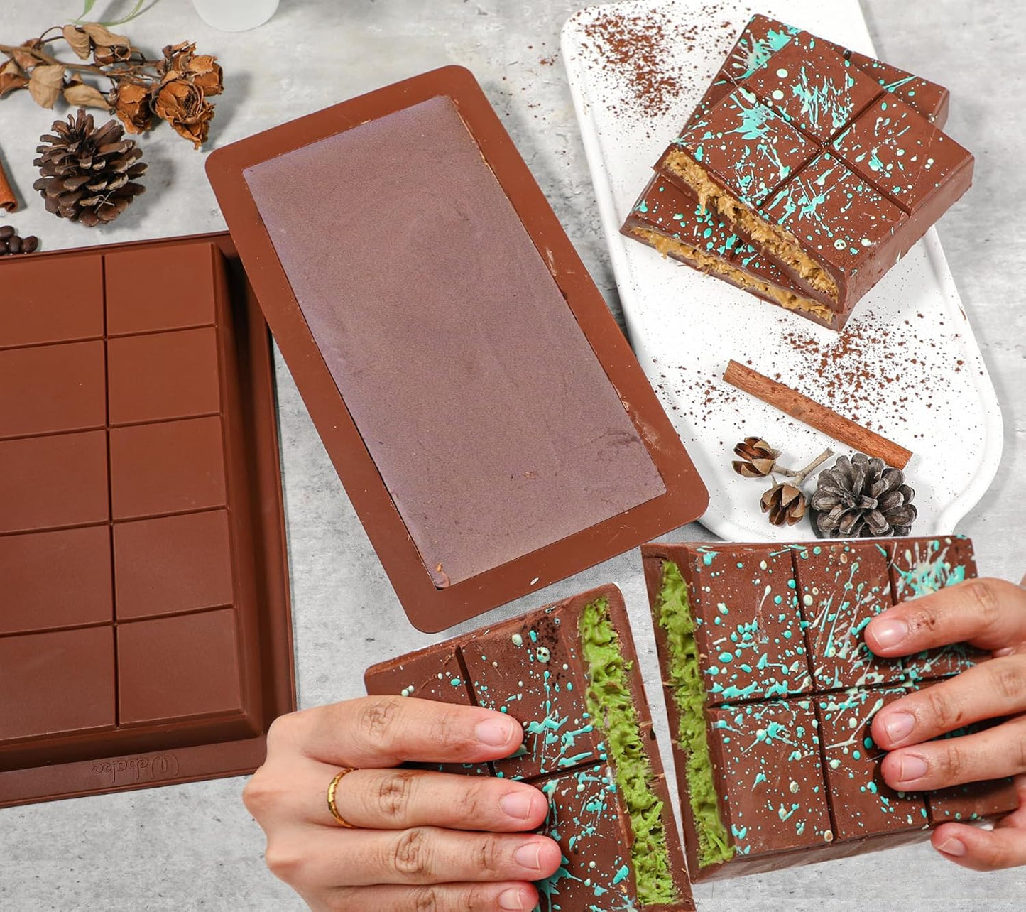 Webake The Original Deep Chocolate Bar Molds 2 Pack, 1 Inch Deep Large and Thick Silicone Chocolate Bar Molds for Stuffed Bar, Big Chocolate Candy Bar Mold for Filling Knafeh Pistachio Chocolate Bar