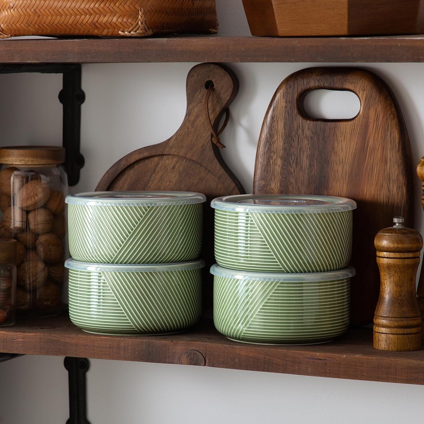 Large Ceramic Bowls with Lids: 32 oz Microwave Safe Food Storage Containers for Soup Salad Meal Prep Lunch Picnic Camping - 6 Inch, Set of 4 (Pea Green)