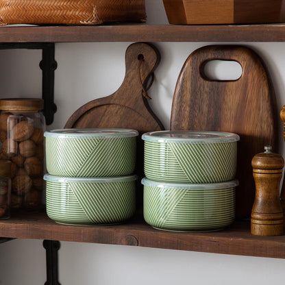 Large Ceramic Bowls with Lids: 32 oz Microwave Safe Food Storage Containers for Soup Salad Meal Prep Lunch Picnic Camping - 6 Inch, Set of 4 (Pea Green)