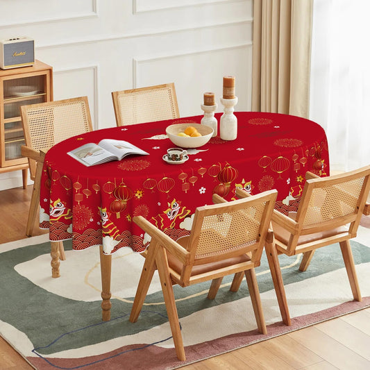 Horaldaily Newyear Tablecloth 60×84 Inch Oval, Chinese Lunar New Year Lion Dance Lantern Red Washable Table Cover for Party Picnic Dinner Decor