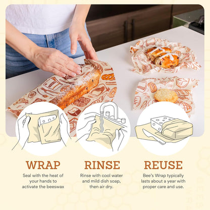Bee's Wrap Beeswax Wraps for Food - Made in USA Reusable & Organic Food Wraps, Sandwich Wrap & Bowl Covers - Eco-Friendly Alternative to Aluminum Foil & Plastic Wrap, Bakery Lane 3 Pack (S, M, L)