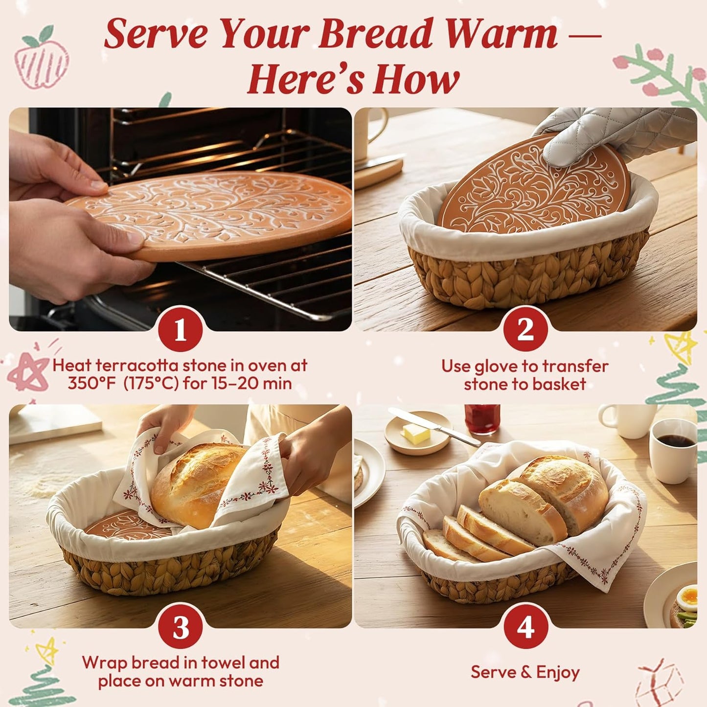 Bread Baskets for Serving with Stone (Large Oval 13.8 x 9.5) - Bread Basket with Warming Stone for Rolls & Tortillas, Gift for Bakers, Sourdough Lovers, Hostess, New Homeowner