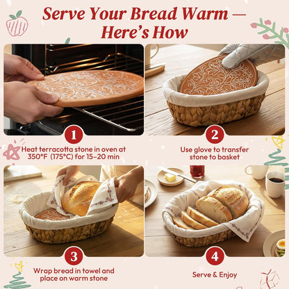 Bread Baskets for Serving with Stone (Large Oval 13.8 x 9.5) - Bread Basket with Warming Stone for Rolls & Tortillas, Gift for Bakers, Sourdough Lovers, Hostess, New Homeowner