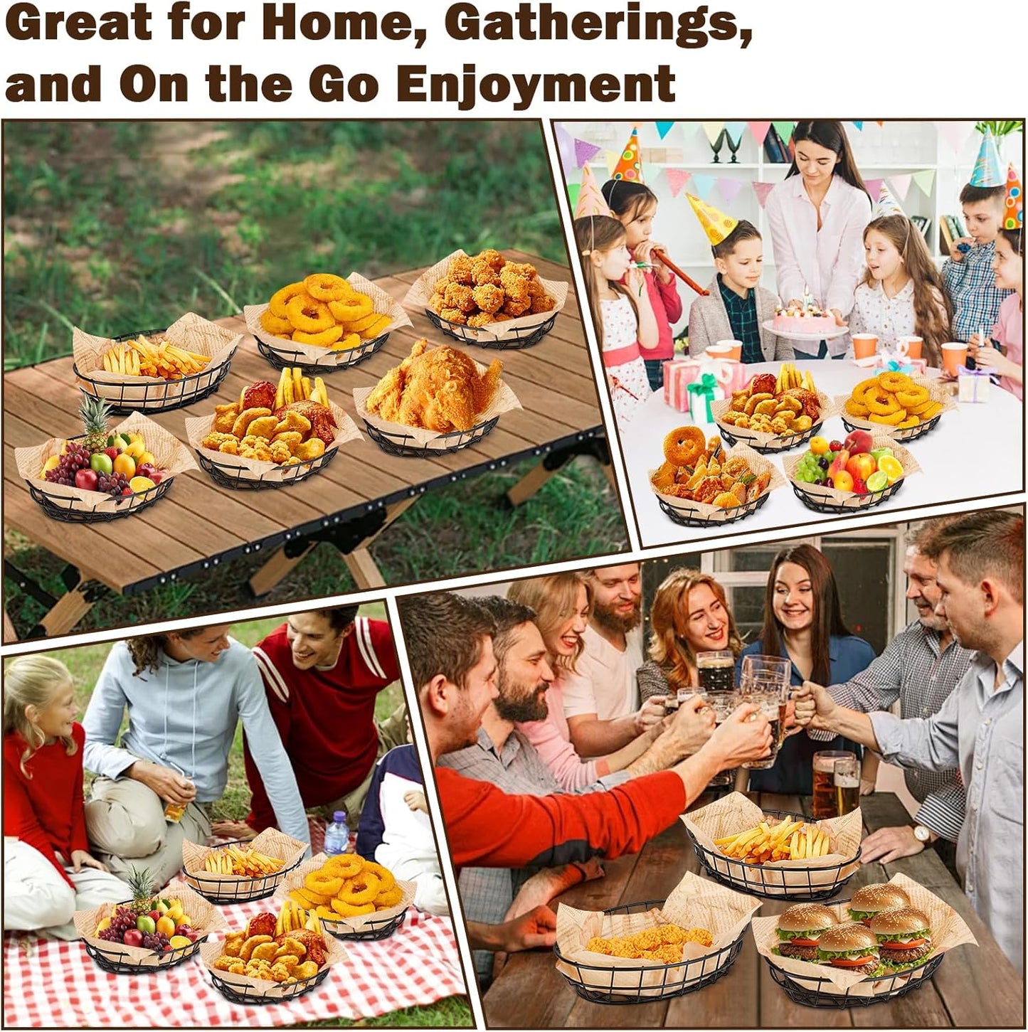 10 Pack Metal Fast Food Oval Baskets, Wire Bread Basket for Serving, Reusable Chip Burger Fruit Vegetables Bowl Storage for Kitchen Table, Restaurants, Snack Bar, 9.5" x 6.3" x 2"