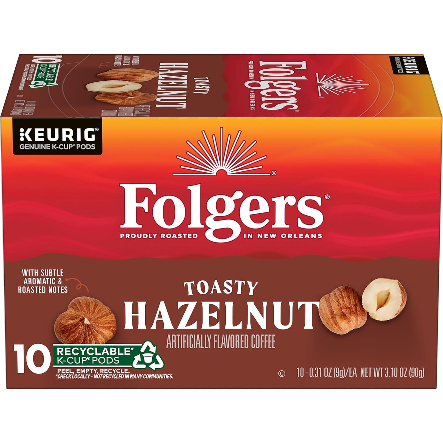Folgers Toasty Hazelnut Artificially Flavored Coffee, Keurig K-Cup Pods, 10 Count Box