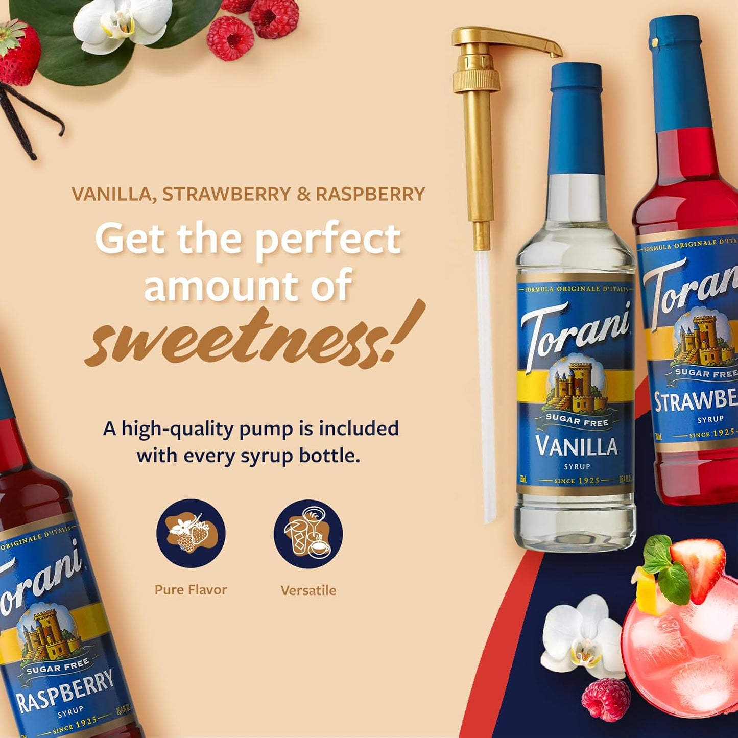 Torani Sugar Free Syrup Variety 3-Pack, Strawberry, Raspberry, and Vanilla, Zero-Calorie Syrups for Drinks, Pumps Included, 25.4 Oz Ea